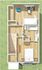 Charming 2D apartment floor plan showcasing one bedroom, a cozy living area, modern bathroom, and sleek office space with natural wood flooring.