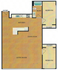 Elegant floor plan showcasing a spacious kitchen, open living and dining areas, two cozy bedrooms with closets, and a bath for comfortable urban living.