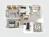 3D floor plan of an apartment featuring 2 bedrooms, a cozy living room, dining area, and modern kitchen.