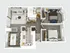 Modern 3D floor plan showcasing 2 bedrooms, open living area, and sleek kitchen design.