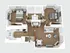 3D floor plan showcasing two bedrooms, a modern living room, and a well-equipped kitchen.
