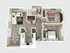 Elegant 3D floor plan featuring 2 bedrooms, a spacious living room, and a contemporary kitchen.