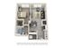Modern apartment floor plan showcasing a 1-bedroom layout with open-concept living room and kitchen, stylish bathroom, and convenient laundry area.