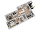 3D floor plan of 2 bedroom 2 bathroom apartment with open-concept kitchen island at The Preserve on Goodpasture Eugene Oregon