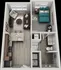 Contemporary 1-bedroom apartment floor plan featuring an open-concept living room, sleek kitchen with island, modern bathroom, and dedicated laundry space.