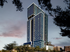 Exterior rendering of the Hanover River Oaks high-rise apartment building, with floor-to-ceiling window walls, balconies on each level and palm trees visible on a lower-level pool deck.