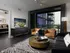 Living room with a floor-to-ceiling exterior window, dark wood-style floors, modern silver track lights and a doorway leading to a bedroom. The furnishings are dark and modern.