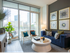 An spacious living room with a couch, two armchairs, a coffee table, and a sideboard. The room has dark wood-style floors, full-width floor-to-ceiling windows, a dark gray accent wall, a balcony, and a view of the city skyline.