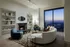 Elegant living room with cozy fireplace, chic furniture, and breathtaking city view from large windows.