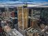 Stunning aerial view of a modern high-rise apartment building in a bustling cityscape at sunset, showcasing vibrant city life with nearby architectural landmarks.