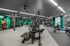 Ultra-modern fitness center with extensive equipment, vibrant teal accents, and ample natural light creating an energizing workout environment.