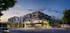 Contemporary apartment complex at twilight with vibrant lighting and a bustling street scene, featuring a corner location with lush greenery and a cozy coffee van nearby.