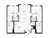 Efficient and modern 2D floor plan showcasing 2 cozy bedrooms, a central living area, and a well-equipped kitchen.