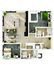 Modern 3D floor plan displaying 3 bedrooms, open-concept living and kitchen area, and luxurious bathrooms in a sunlit apartment.