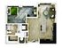 Modern floor plan showcasing a bright 1-bedroom apartment with an open-concept kitchen and living area, stylish bathroom, and cozy workspace.