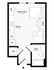 Modern studio floor plan with a spacious bedroom area, efficient kitchen, cozy bath, and ample storage solutions.