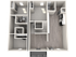 3D floor plan of a modern duplex featuring spacious living and kitchen areas, with two bedrooms and a bathroom.