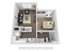 3D floor plan showcasing a modern 1-bedroom apartment with an open living area and a fully equipped kitchen.