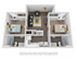 3D floor plan displaying two elegant bedrooms, modern living area, and a central kitchen with two bathrooms.