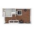 Efficient studio floor plan featuring a bedroom area, living space, and bathroom with wooden flooring.