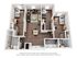 3D floor plan showcasing 3 bedrooms, a central living area, and two bathrooms with sleek, modern design.