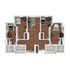 3D floor plan displaying 3 bedrooms, a modern living area, and a sleek kitchen.