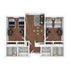 3D floor plan illustrating two bedrooms, a modern open living area, and a functional kitchen.