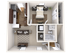 3D floor plan featuring a spacious bedroom, modern kitchen, and inviting living area with attached bathroom.
