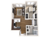 3D apartment floor plan featuring an open-concept living room, a modern kitchen, a bedroom, and a bathroom.