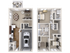 3D floor plan featuring 3 bedrooms, open living area, and garage, with a modern patio setting.