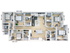 Modern 5-bedroom floor plan featuring an open living area, stylish kitchen island, and convenient laundry space.