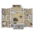 Elegant 3D floor plan illustrating a spacious 3-bedroom apartment with an open-concept living area, modern kitchen, and private balcony.
