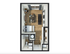 Elegant studio apartment floor plan featuring a cozy bedroom area, open living space, modern kitchen, and stylish bathroom. Wood flooring and natural light enhance the welcoming atmosphere.