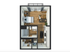 Modern 1-bedroom apartment floor plan featuring an open-concept living area, sleek kitchen, cozy seating space, stylish bathroom, and private balcony.