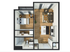 Inviting floor plan showcasing a cozy one-bedroom apartment with open kitchen, stylish living area, and modern bathroom.