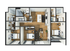 Modern 3-bedroom apartment floor plan with open living area and chic kitchen featuring an island and stylish design elements.