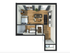 Inviting 1-bedroom apartment floor plan with modern kitchen, cozy living area, and stylish bathroom, perfect for comfortable living.