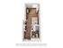 Charming studio apartment layout with modern kitchen, cozy bedroom, and stylish wooden floors.