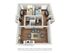 Contemporary 3D floor plan showcasing 2 cozy bedrooms, a modern bathroom, and an elegant open-concept living area with hardwood floors.