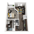 Modern 3D floor plan showcasing a cozy one-bedroom apartment with an open-concept living area, sleek kitchen, and stylish bathroom.