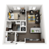 Contemporary 1-bedroom apartment floor plan featuring an open living area, modern kitchen with island, cozy bedroom, and in-unit washer/dryer.