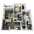 Modern 3D floor plan showcasing two spacious bedrooms, an inviting open-concept living area, and a sleek kitchen with granite countertops. Includes two bathrooms, a study nook, and convenient in-unit laundry facilities. Vibrant and functional design perfect for contemporary living.