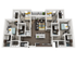 Contemporary 3D floor plan showcasing three cozy bedrooms, stylish open-concept living and dining areas, modern kitchen island, and private balcony access.