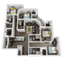 Modern 3D floor plan showcasing 3 bedrooms, 2 bathrooms, an open living room, and a sleek kitchen with island seating.
