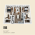 Chic B1 floor plan showcasing 829 sq ft with 2 bedrooms, 2 baths, and a modern open-concept living area.