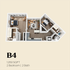 Modern B4 floor plan with 1,050 sqft, showcasing 2 bedrooms, 2 bathrooms, an inviting living space, and a stylish kitchen.