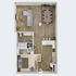 Modern 1-bedroom floor plan featuring open-concept living area with kitchen island, spacious dining and living room, and well-appointed bathroom.