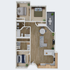 Charming 3D floor plan featuring three cozy bedrooms, spacious open-plan living and dining area, modern kitchen, two stylish bathrooms, and a private balcony.