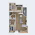 Elegant 3D floor plan showcasing 3 bedrooms, modern kitchen, open living area, and cozy balcony.