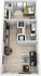 Modern 2D floor plan featuring one bedroom, a cozy living room with a sofa and armchair, a well-equipped kitchen, and a stylish bathroom. Includes a dining area and in-unit washer and dryer. Perfect layout for urban living.